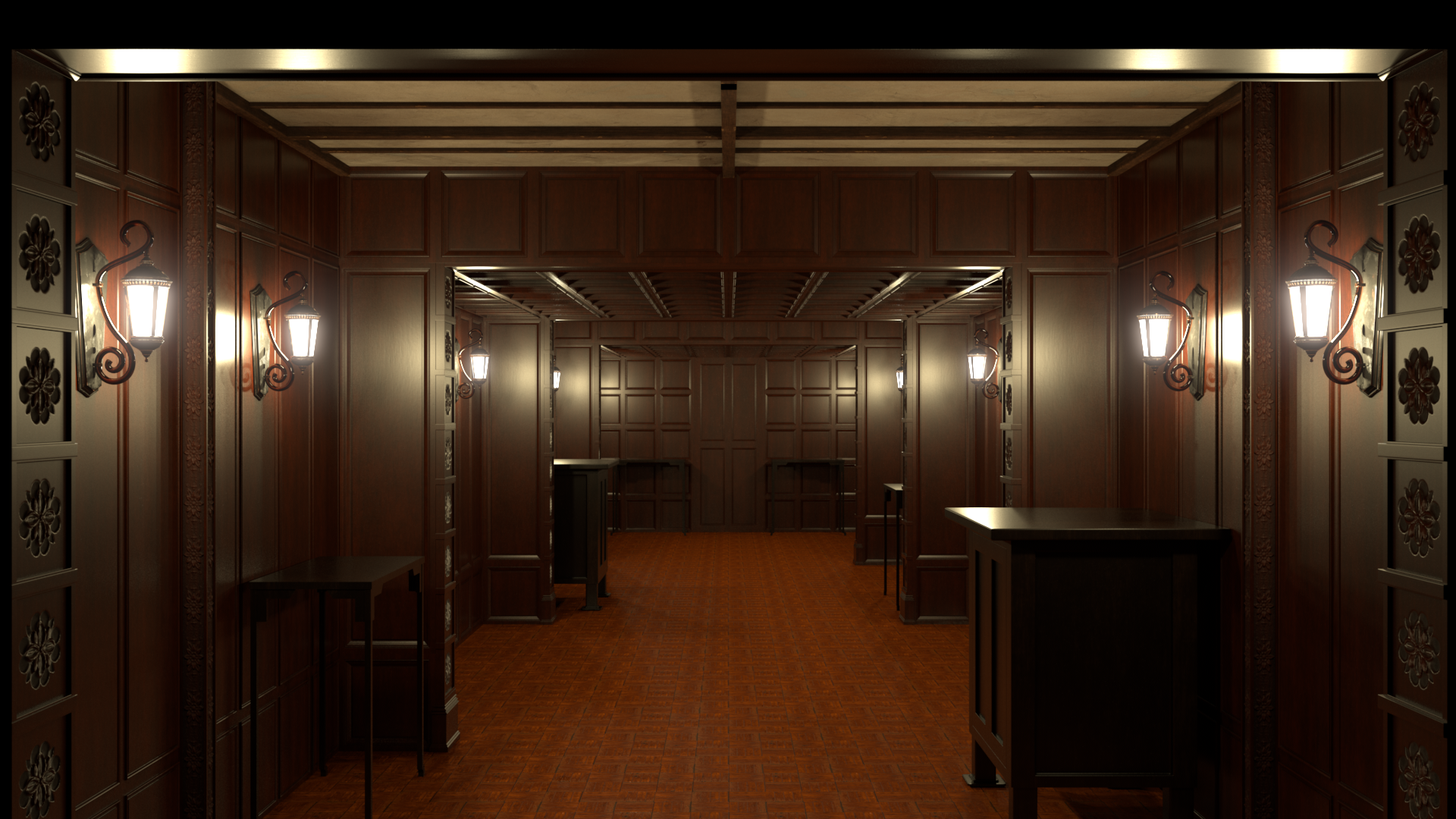 A frame from the final hall render after composition in Nuke to add glow/glare to the lights.