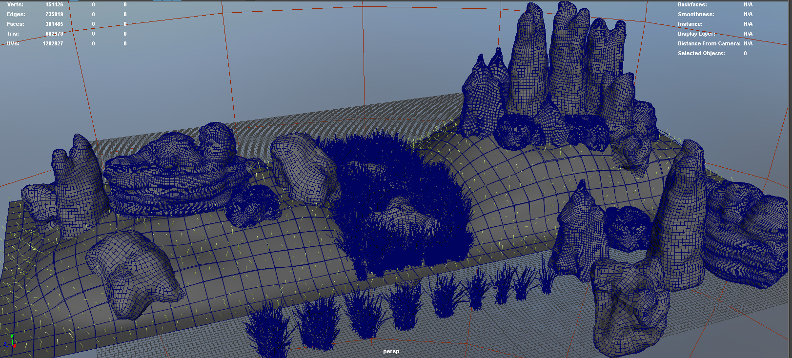 Trying out Maya Fur to act as an additional grass covering, which was later dropped as it looked unrealistic.