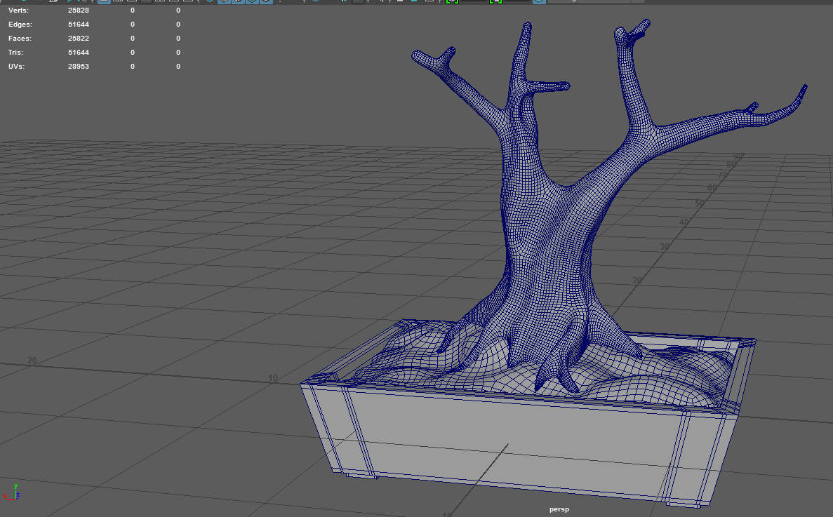 The Initial import into Maya of the Bonsai trunk and ground.