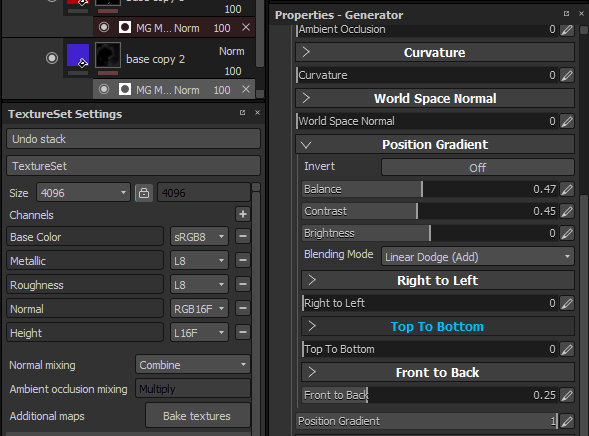 Changing the settings of a Smart Mask in Substance Painter to get a Gradient falloff of the layer from front to the back of the model.