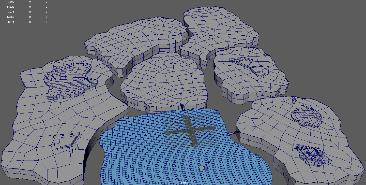 Blocking out the plateaus and their layout in Maya.